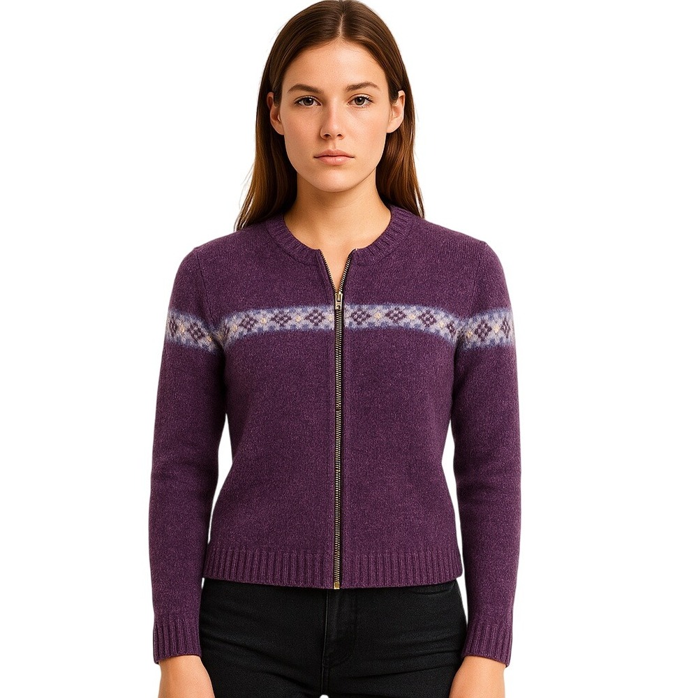 ABERCROMBIE & FITCH 90s Shetland Wool Fair Isle Zip Sweater Purple M Y2K Cozy
